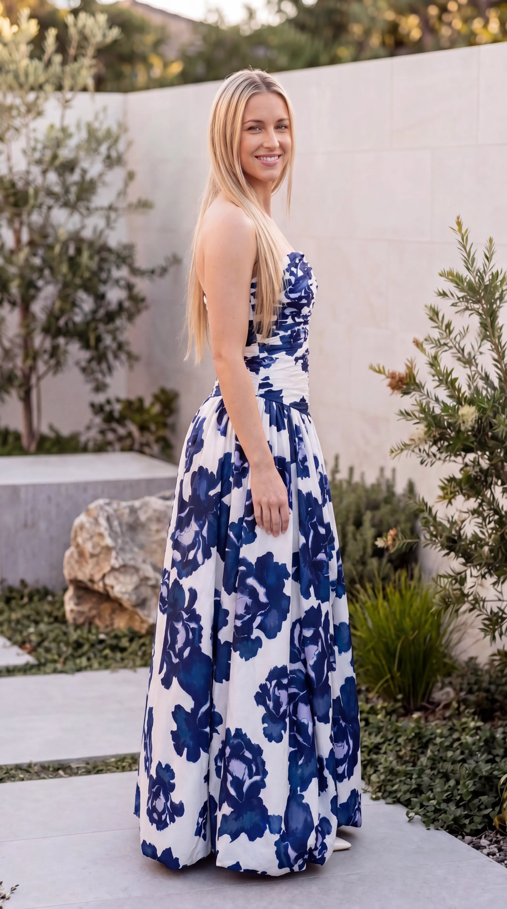 Women’s Strapless Floral Print Side Split Maxi Dress