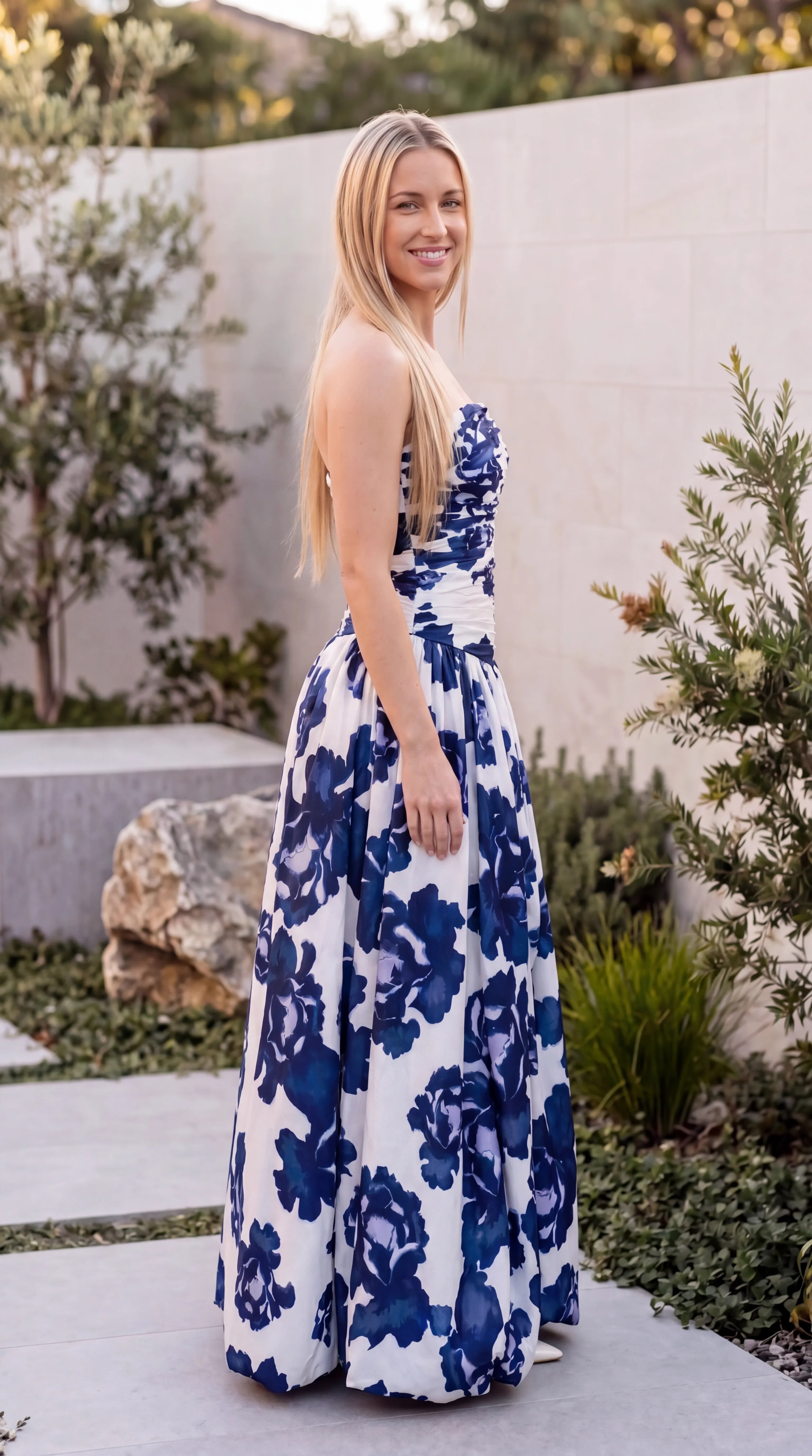 Women’s Strapless Floral Print Side Split Maxi Dress