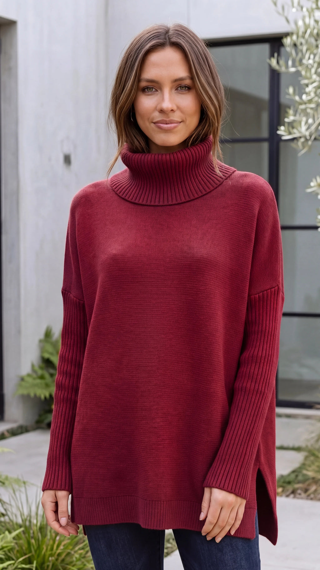 Women's Turtle Neck Long Sleeve Oversized Ribbed Knit Oversized Jumper