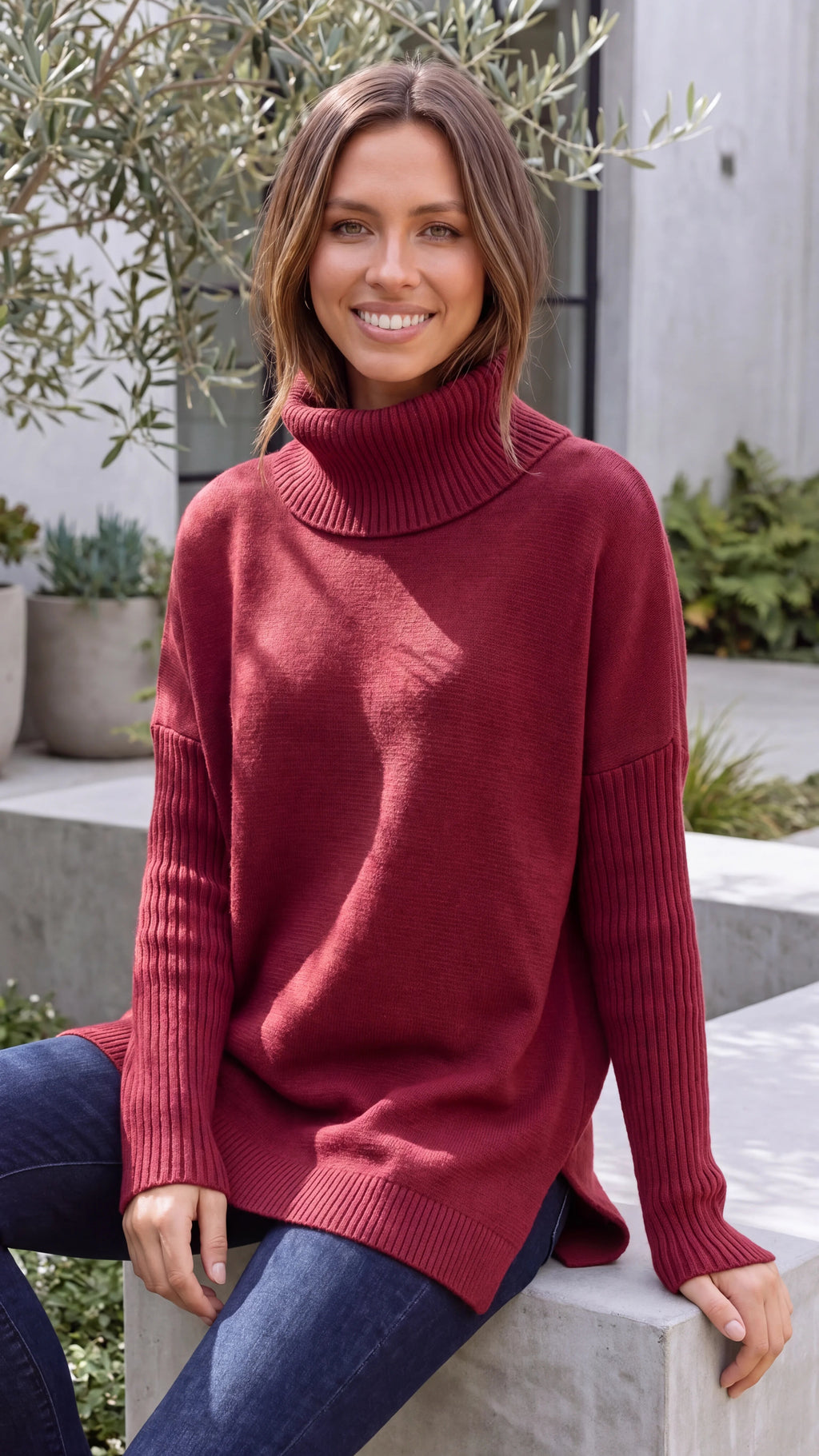 Women's Turtle Neck Long Sleeve Oversized Ribbed Knit Oversized Jumper