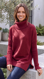 Women's Turtle Neck Long Sleeve Oversized Ribbed Knit Oversized Jumper