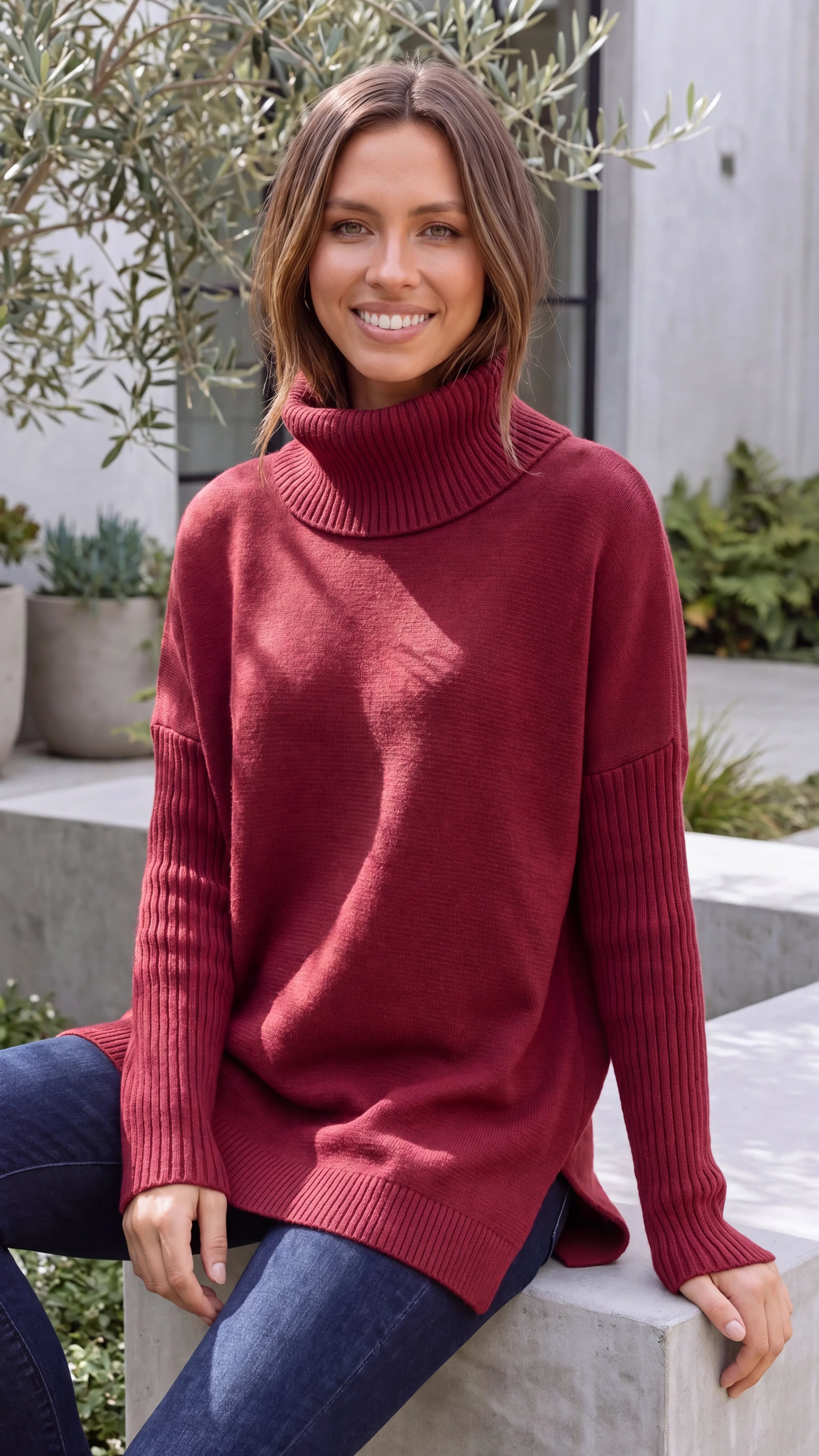 Women's Turtle Neck Long Sleeve Oversized Ribbed Knit Oversized Jumper