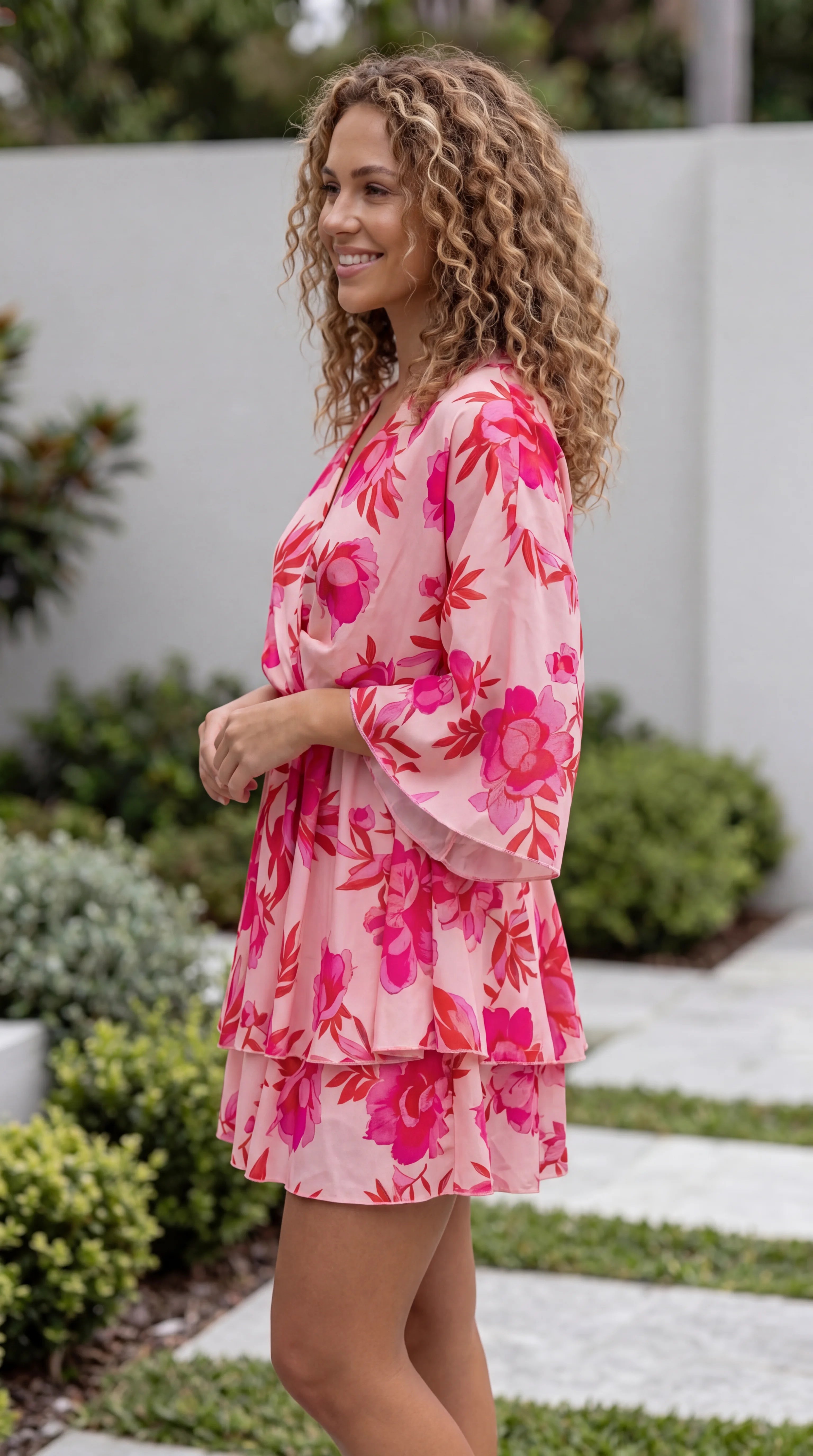 Women's V Neck Floral Print Tiered Mini Dress