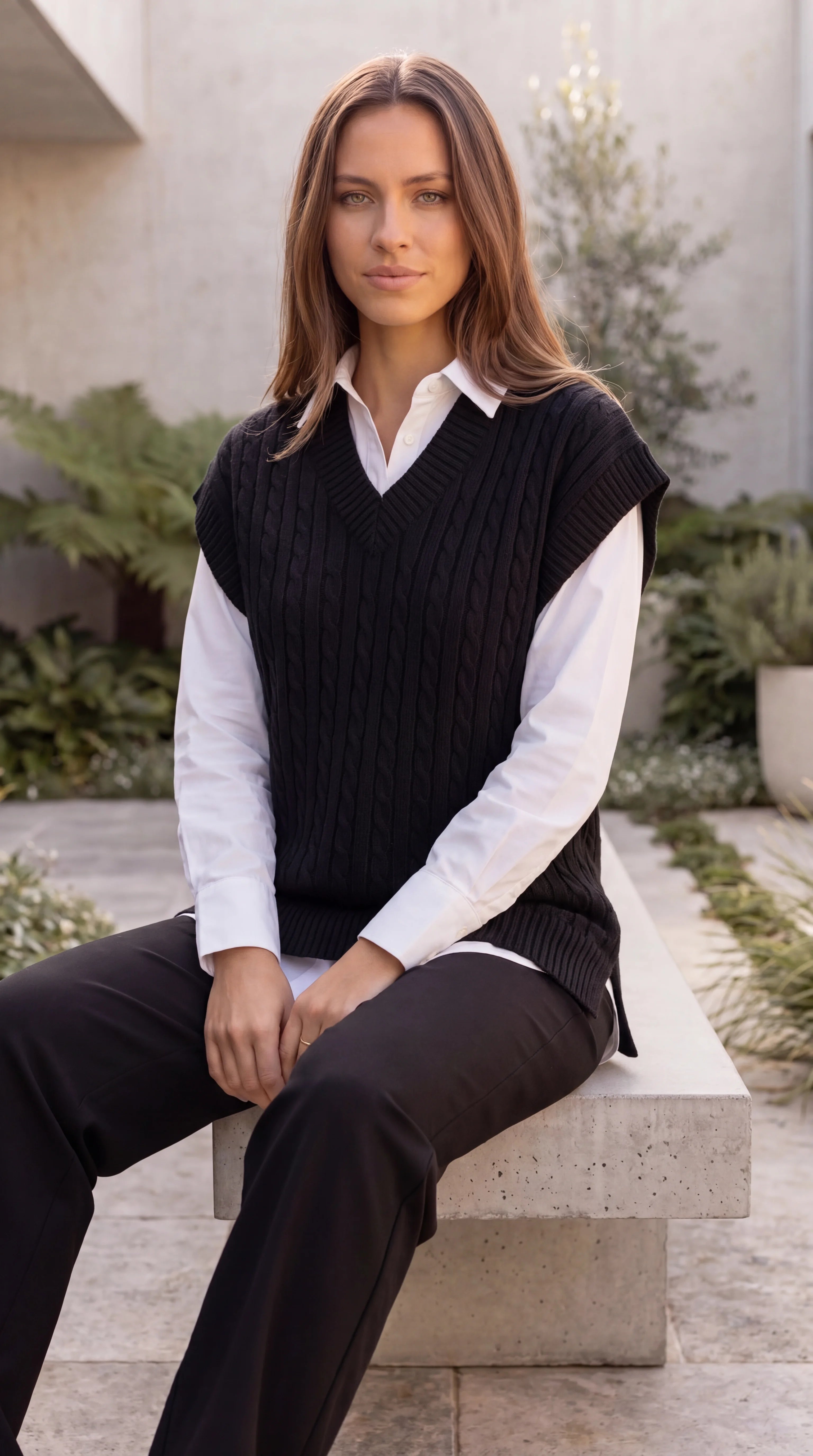 Women's Crew Neck Sleeveless Cable Knit Oversized Sweater Vest