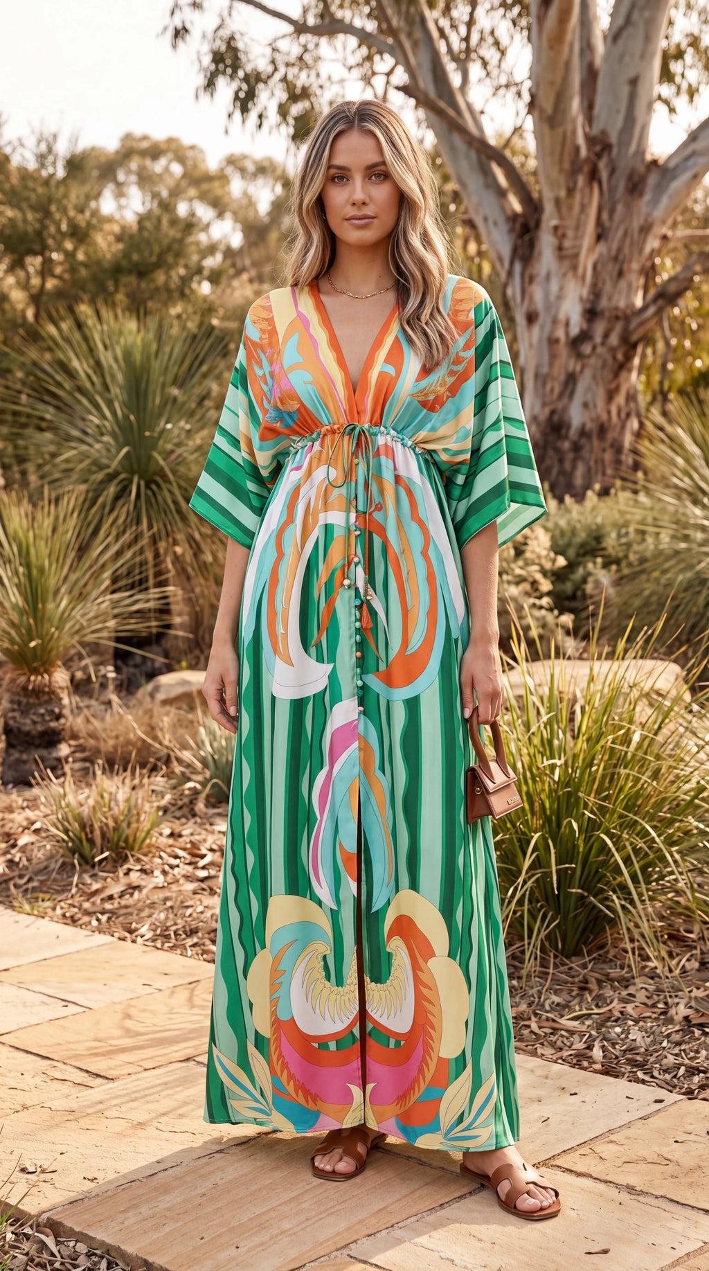 Women's Plunge Neck Kimono Sleeve Split Maxi Dress