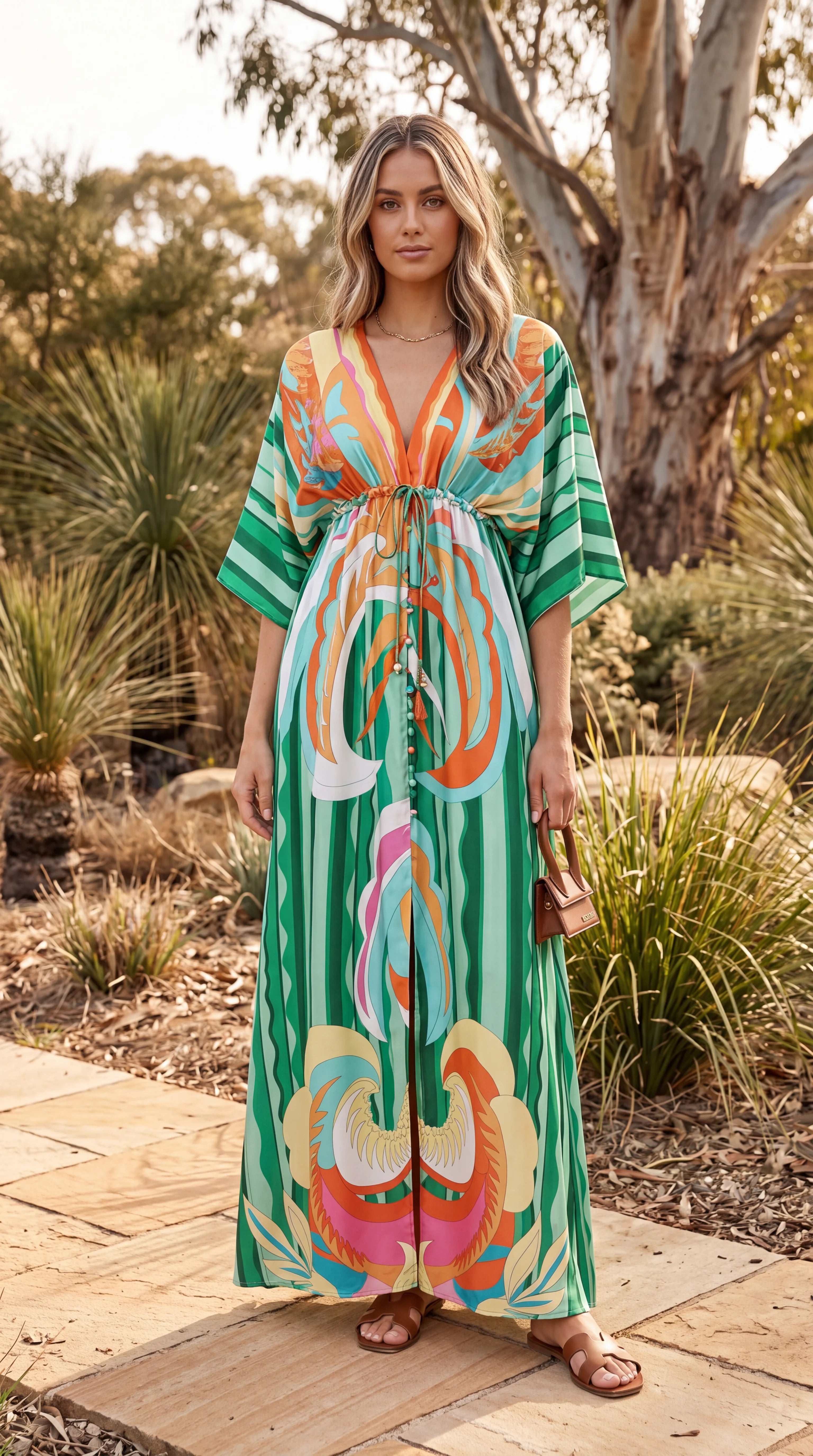 Women's Plunge Neck Kimono Sleeve Split Maxi Dress