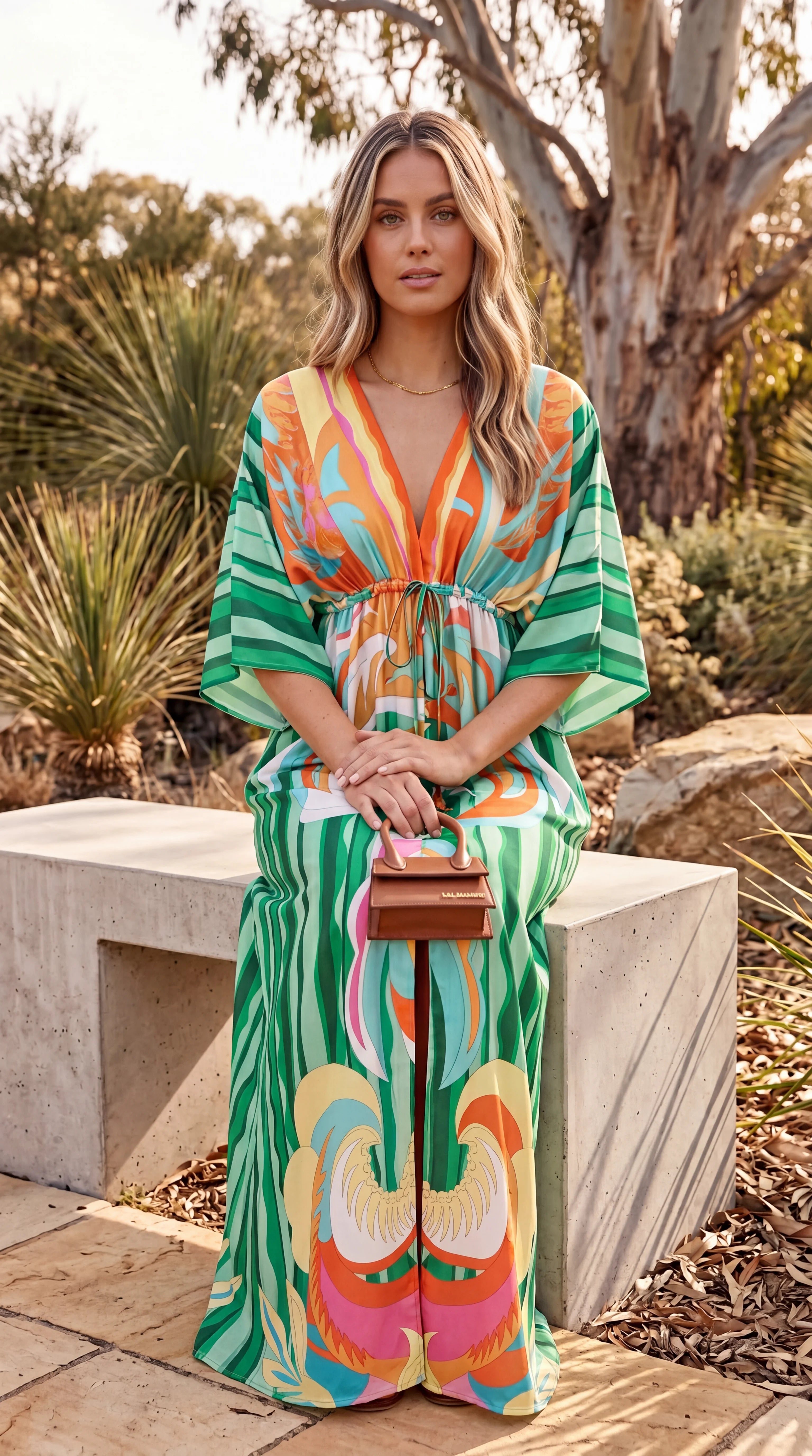Women's Plunge Neck Kimono Sleeve Split Maxi Dress