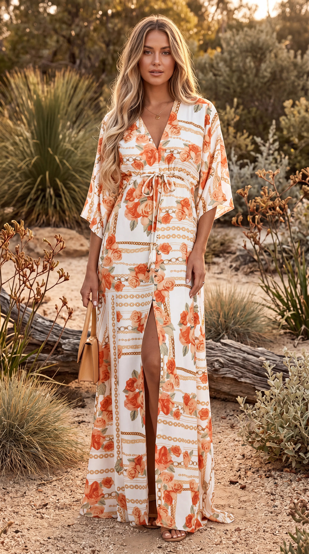 Women's Plunge Neck Kimono Sleeve Split Maxi Dress