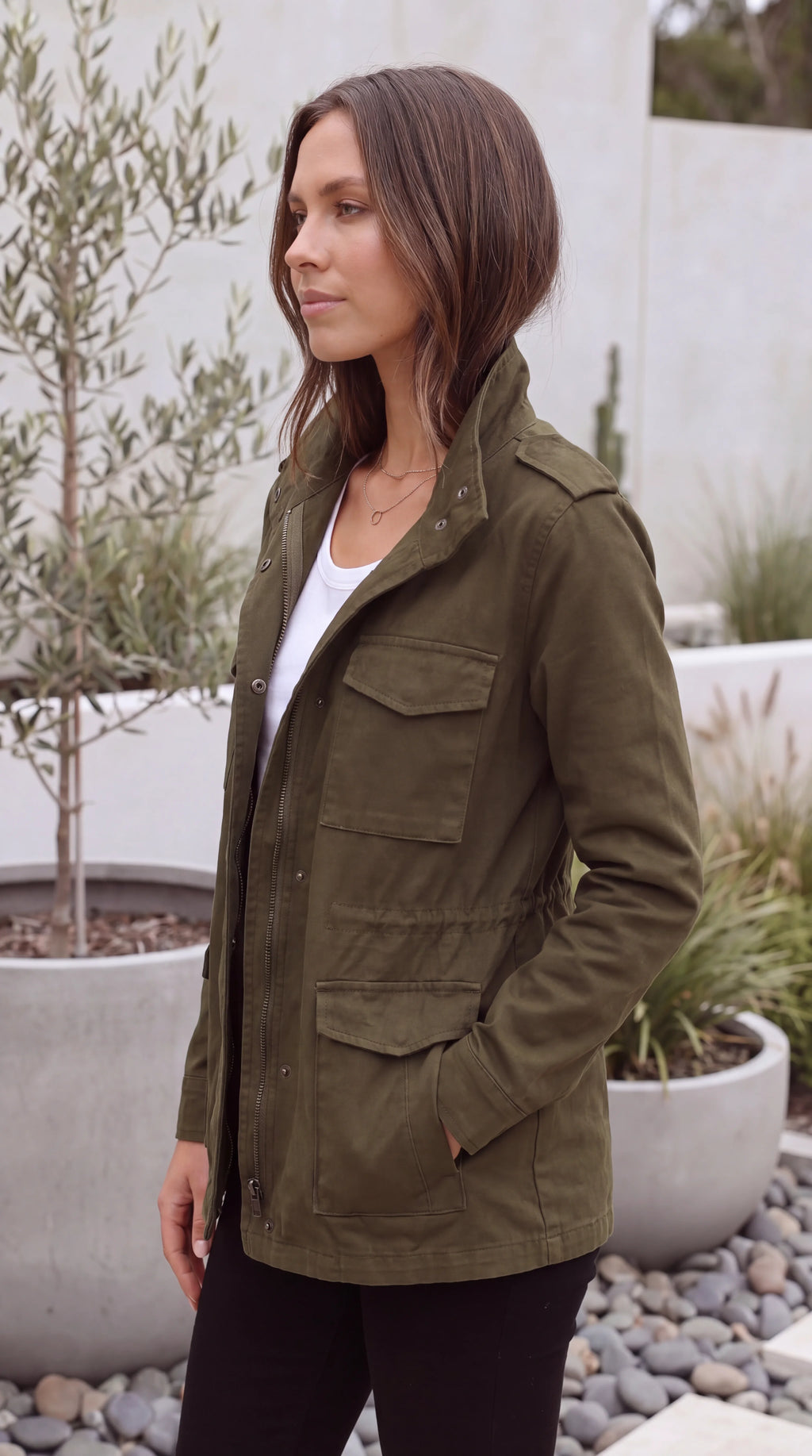 Women's Lightweight Zip Up Utility Cargo Jacket With Adjustable Waist