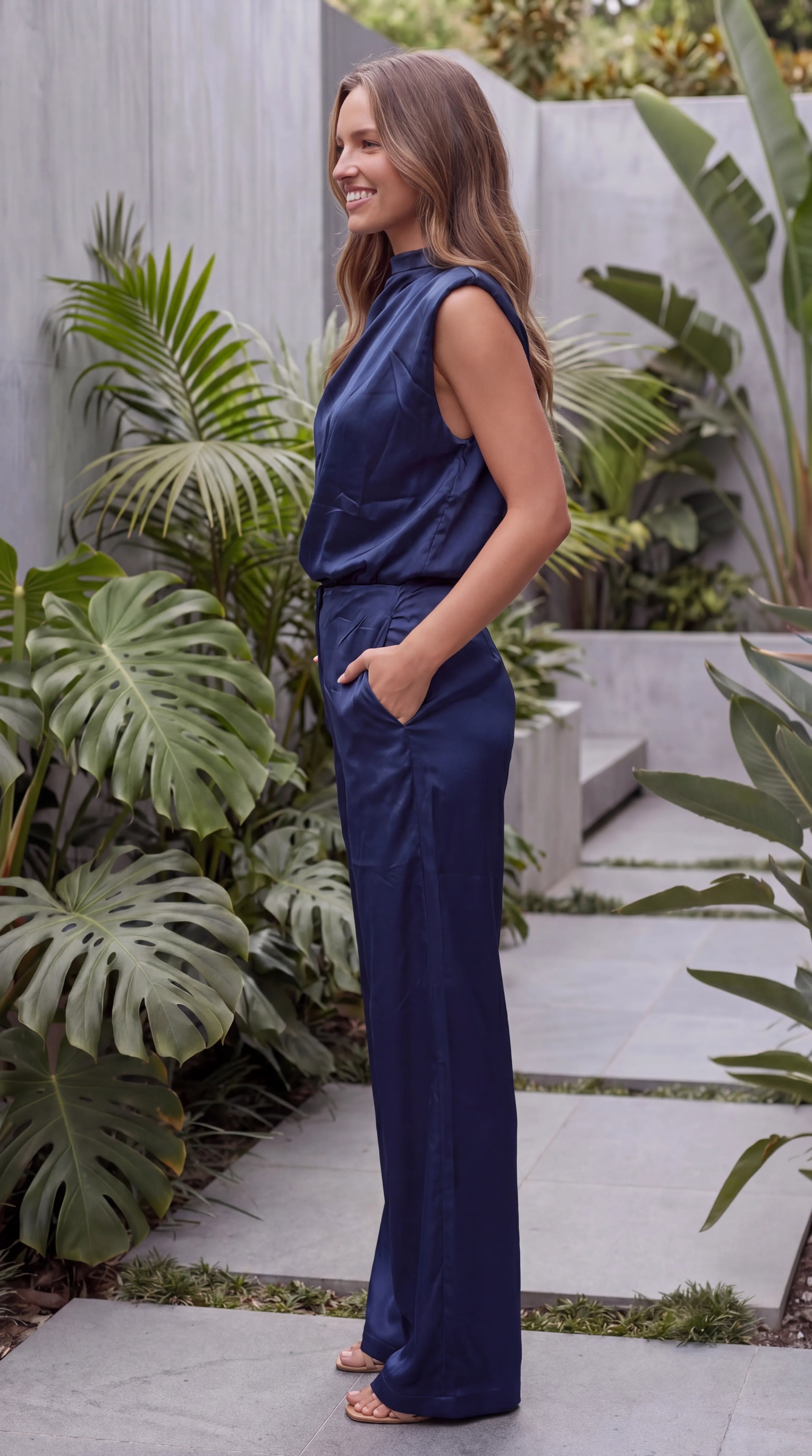 Women's Elegant Cowl Neck Wide Leg Jumpsuit