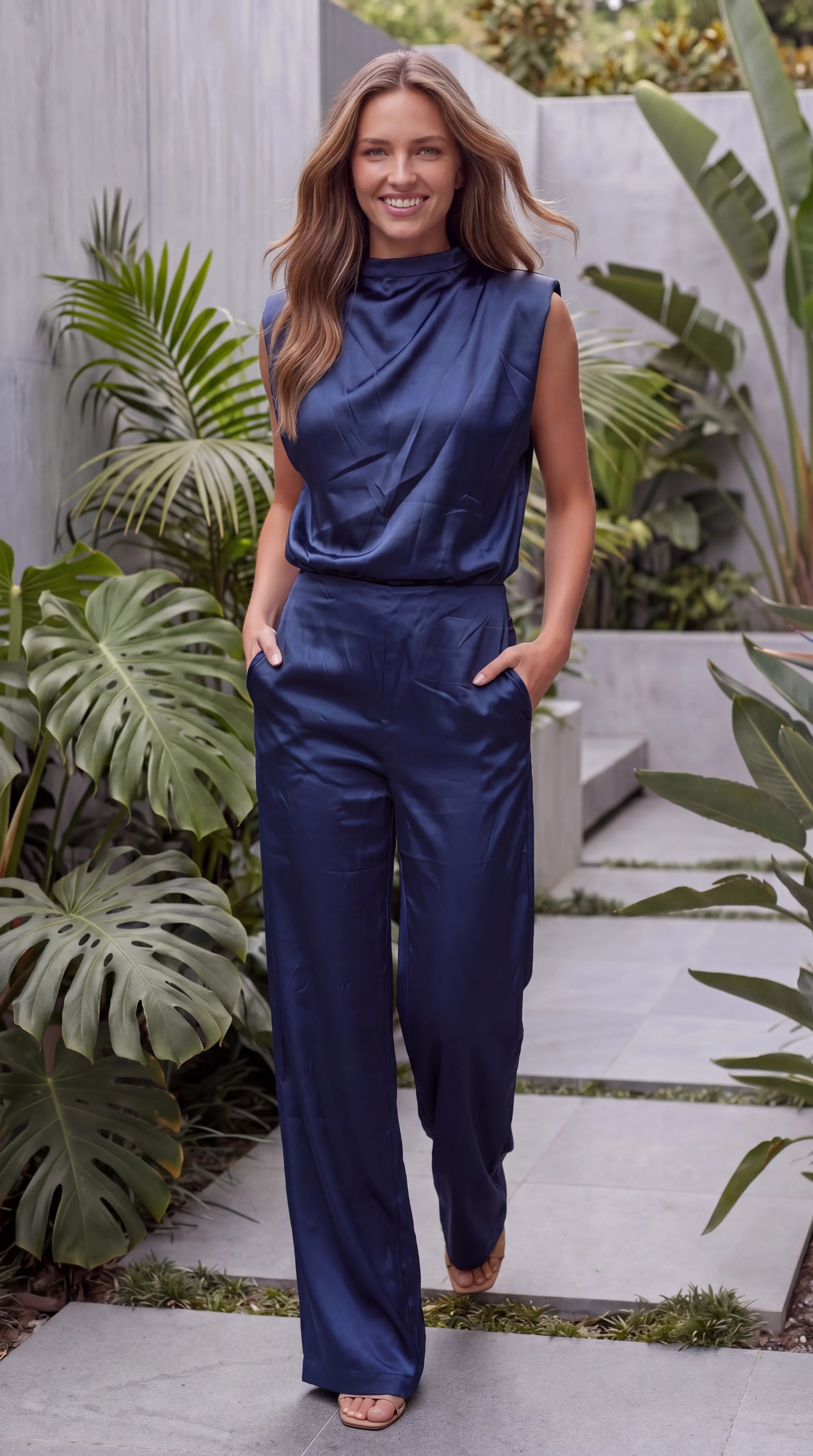 Women's Elegant Cowl Neck Wide Leg Jumpsuit