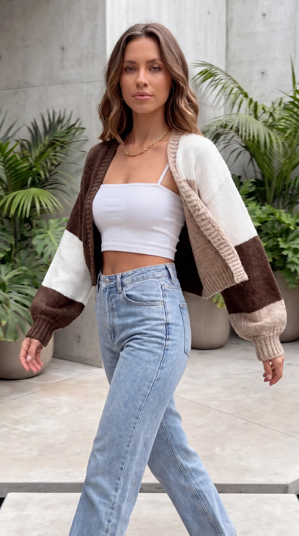Women's Open Front Colour Block Knit Cropped Cardigan