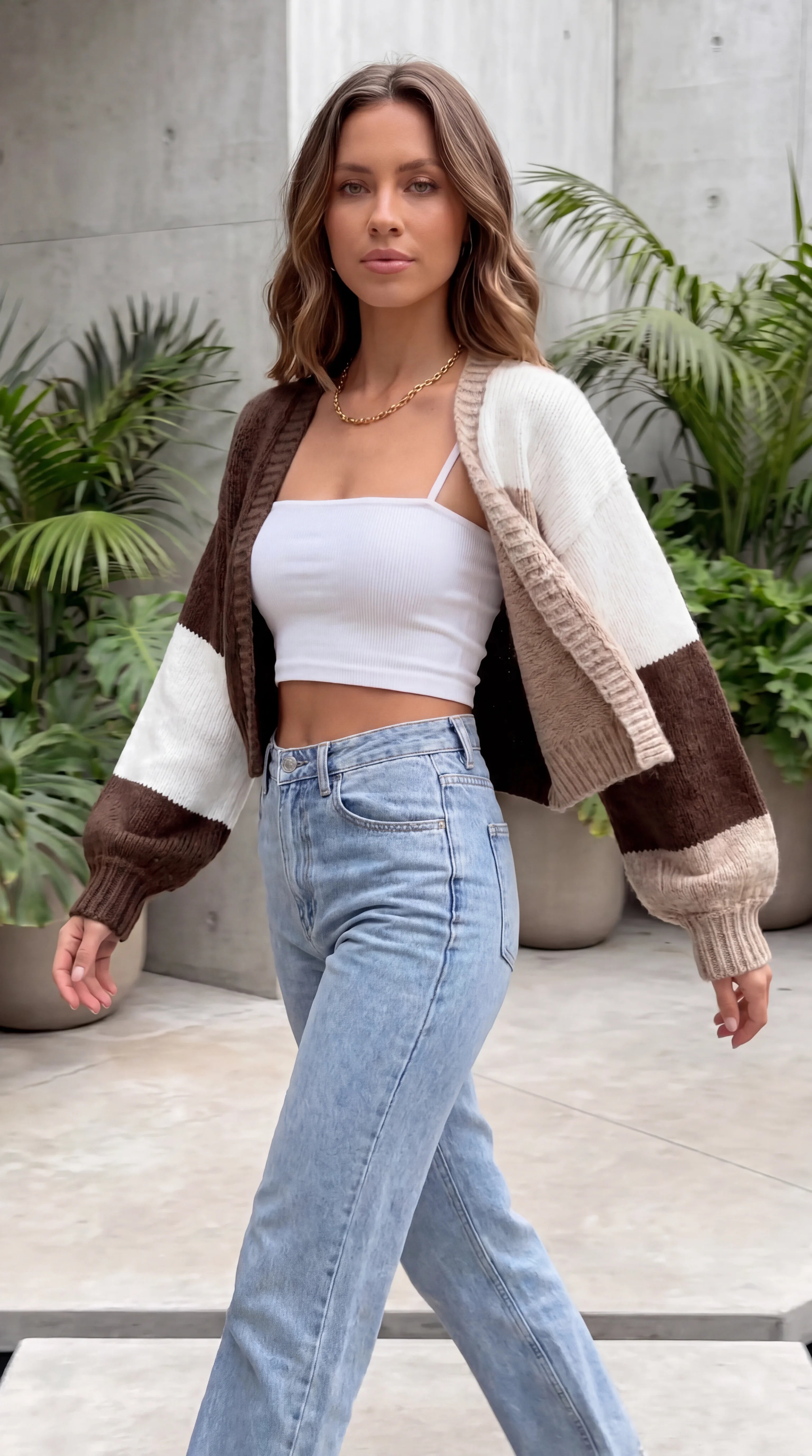Women's Open Front Colour Block Knit Cropped Cardigan