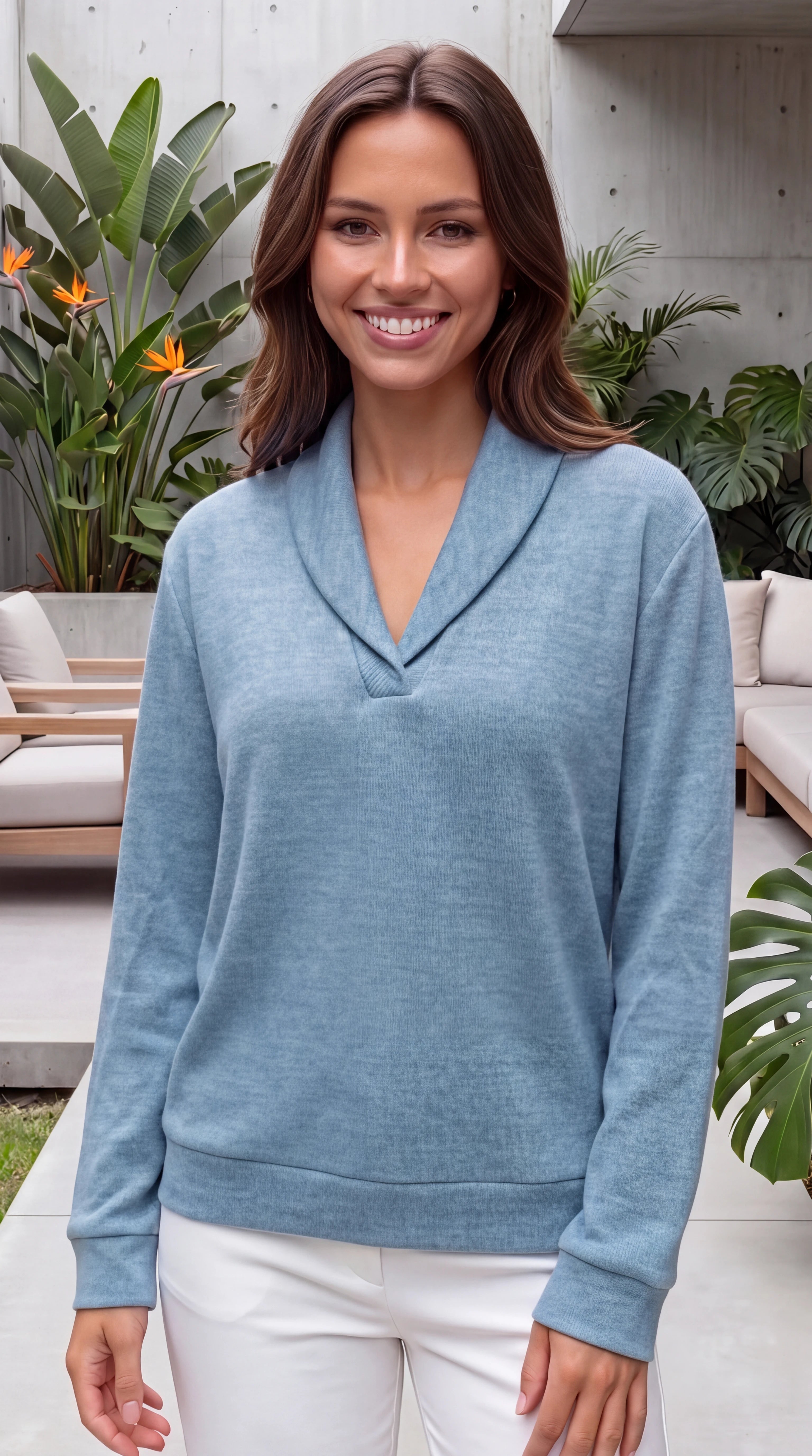 Women's Shawl Collar Long Sleeve V Neck Knit Jumper