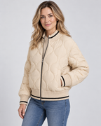 Women's Quilted Bomber Jacket with Ribbed Collar and Zip Front