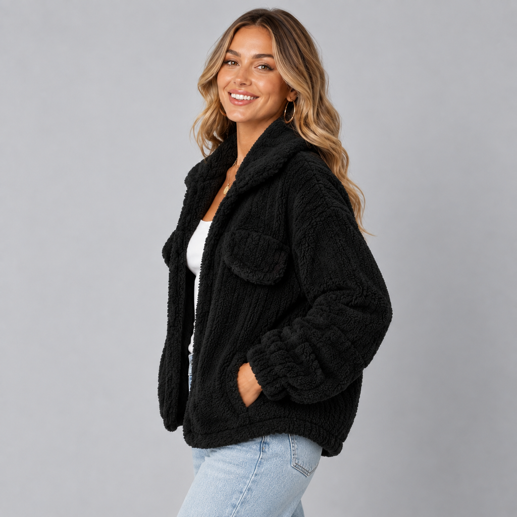 Women's Oversized Teddy Fleece Borg Jacket with Collar and Zip Front