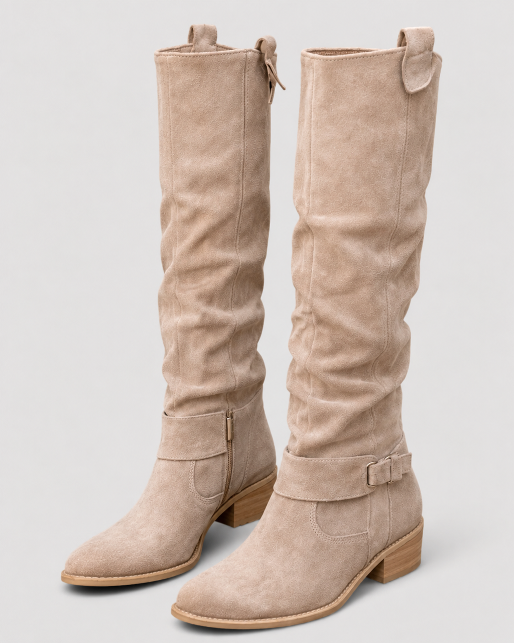 Women's Suede Look Knee High Boots | Side Zip with Buckle Detail