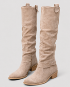 Women's Suede Look Knee High Boots | Side Zip with Buckle Detail