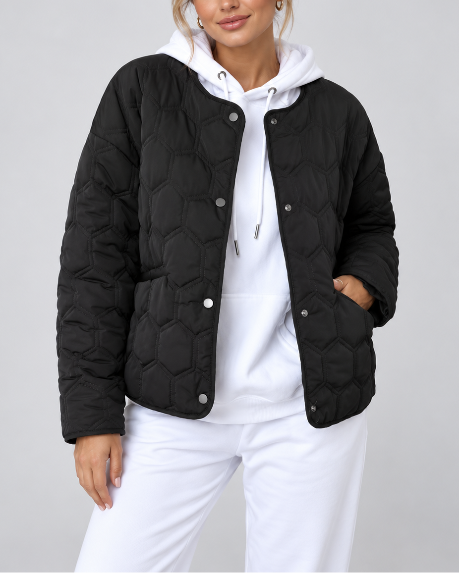 Women's Hexagon Quilted Jacket with Round Neck and Snap Front