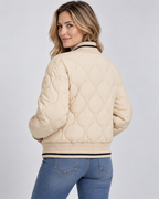 Women's Quilted Bomber Jacket with Ribbed Collar and Zip Front
