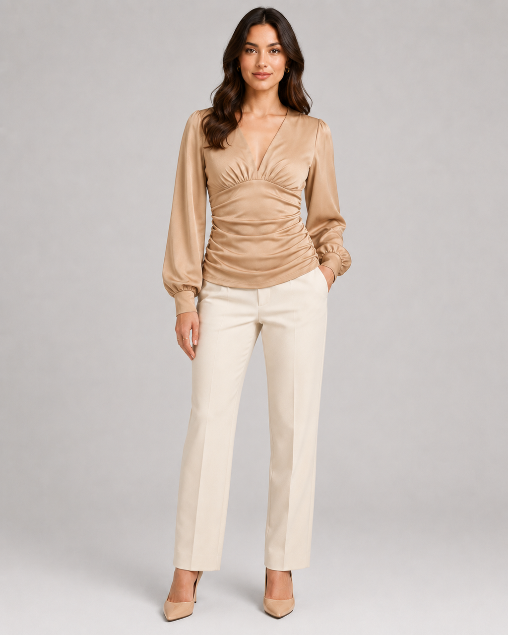 Women's Deep V Neck Blouse | Ruched Waist Long Sleeve Satin Top