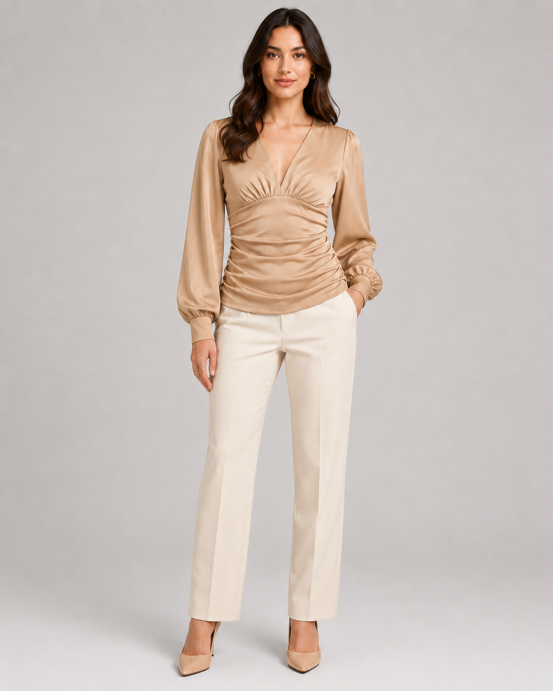 Women's Deep V Neck Blouse | Ruched Waist Long Sleeve Satin Top