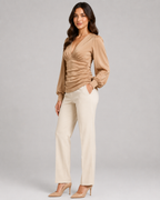 Women's Deep V Neck Blouse | Ruched Waist Long Sleeve Satin Top
