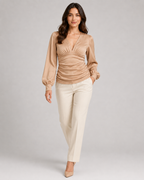 Women's Deep V Neck Blouse | Ruched Waist Long Sleeve Satin Top