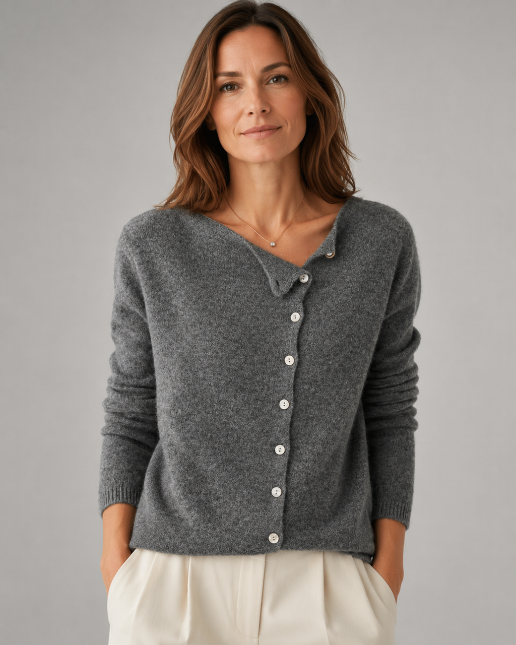 Women's Soft Knit Cardigan | Asymmetric Button Up Round Neck