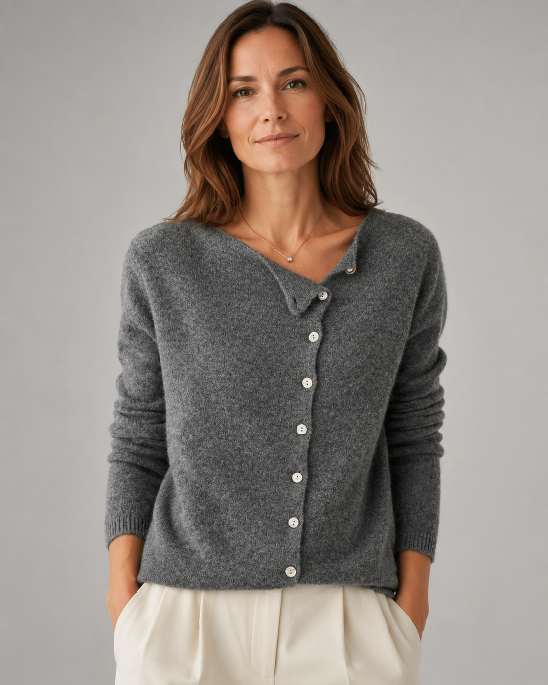 Women's Soft Knit Cardigan | Asymmetric Button Up Round Neck