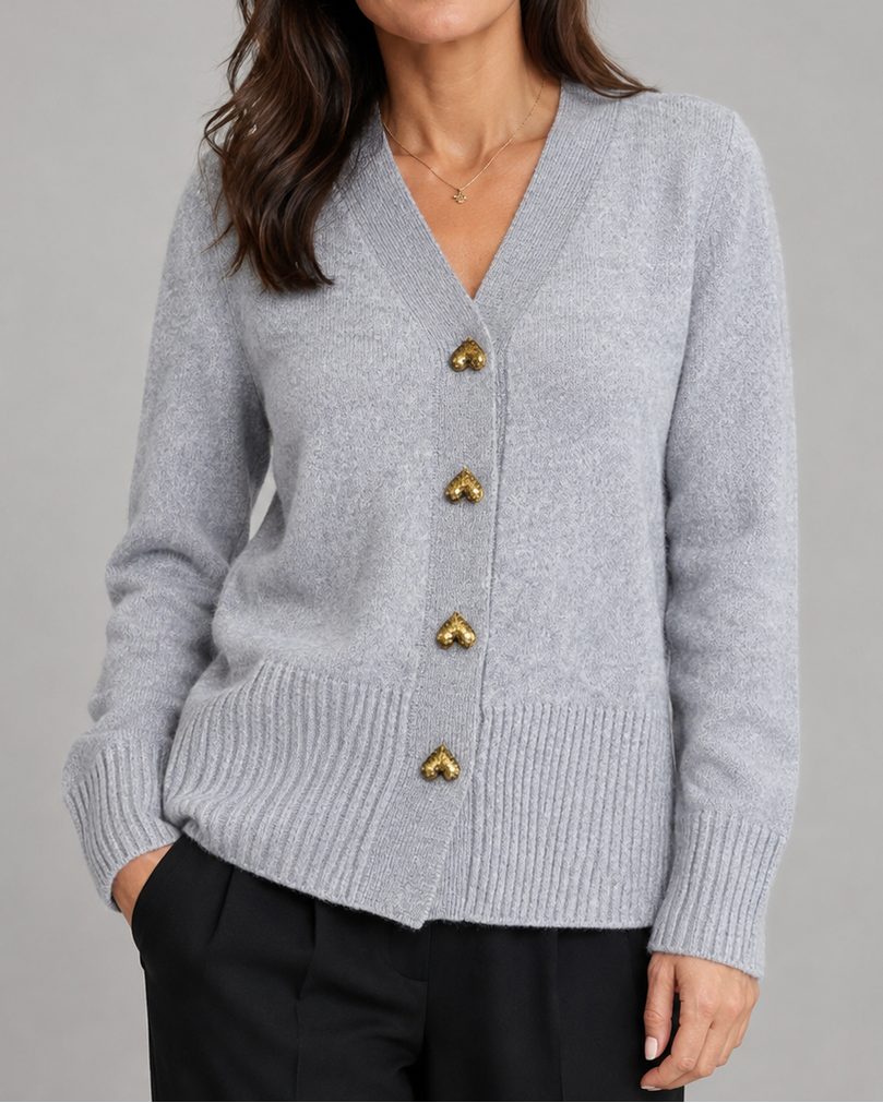 Women's V Neck Heart Button Up Knit Cardigan
