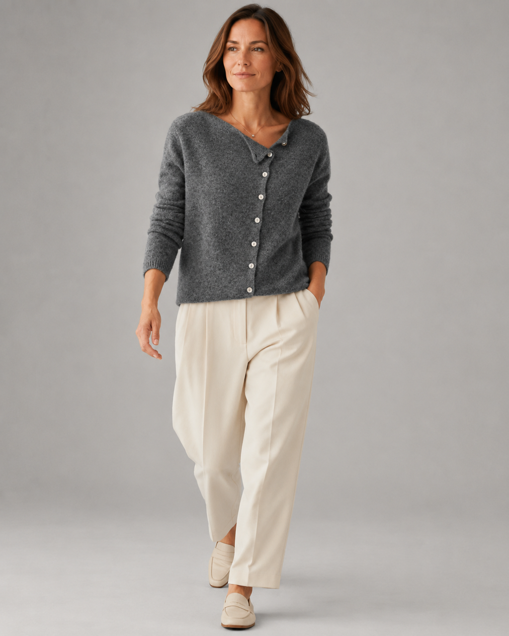 Women's Soft Knit Cardigan | Asymmetric Button Up Round Neck