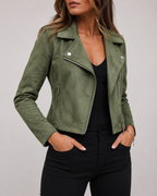 Women's Cropped Suede Look Jacket | Zip Front Lapel Collar Moto Biker Jacket