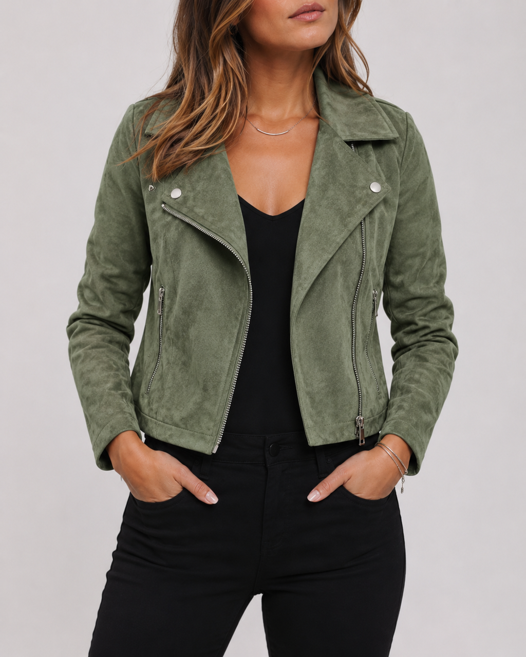 Women's Cropped Suede Look Jacket | Zip Front Lapel Collar Moto Biker Jacket