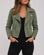 Women's Cropped Suede Look Jacket | Zip Front Lapel Collar Moto Biker Jacket