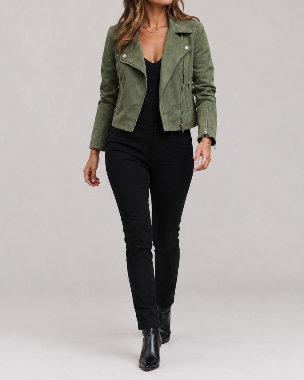 Women's Cropped Suede Look Jacket | Zip Front Lapel Collar Moto Biker Jacket