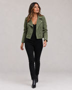 Women's Cropped Suede Look Jacket | Zip Front Lapel Collar Moto Biker Jacket
