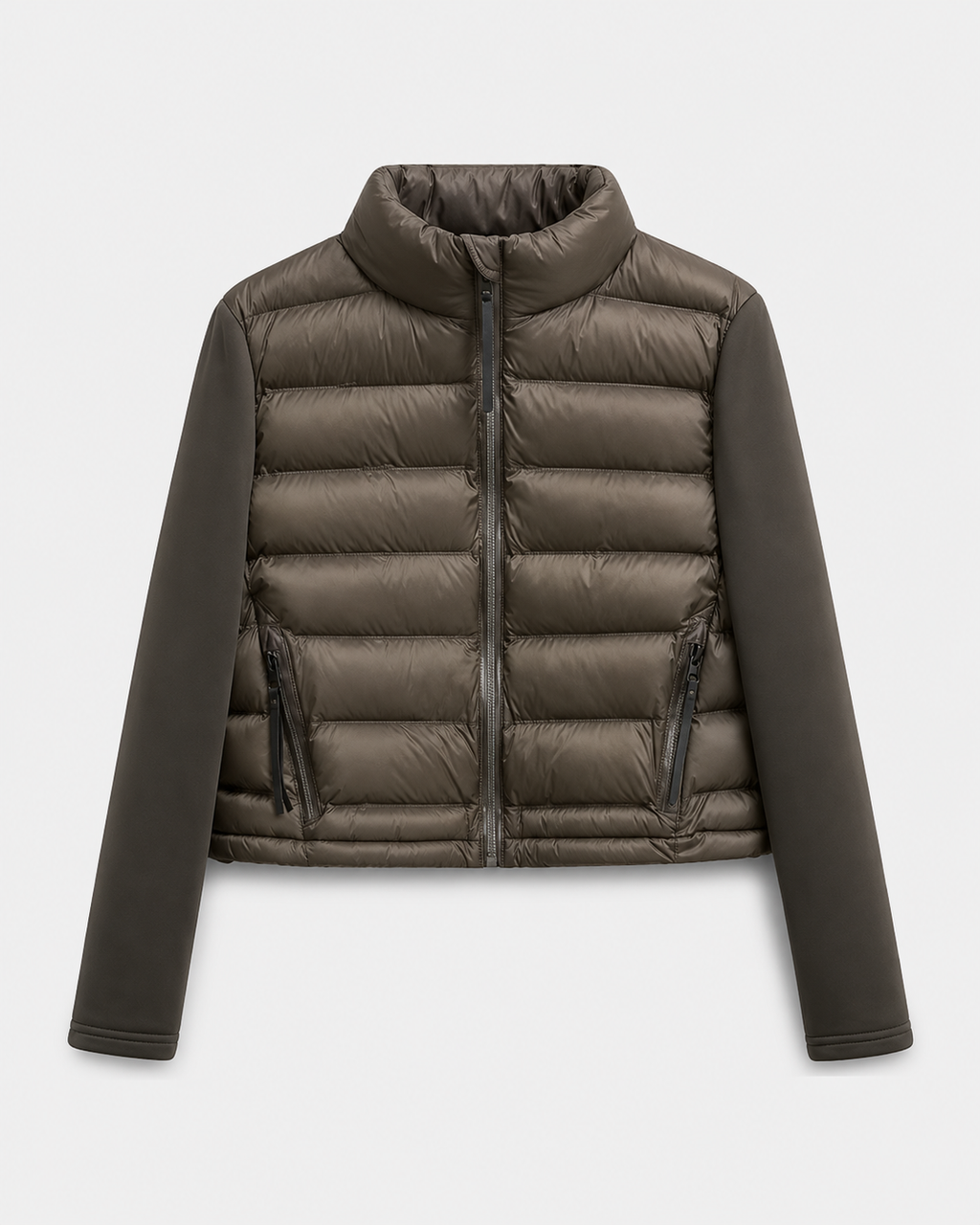 Women's Cropped Quilted Puffer Jacket with Stand Collar and Zip Front