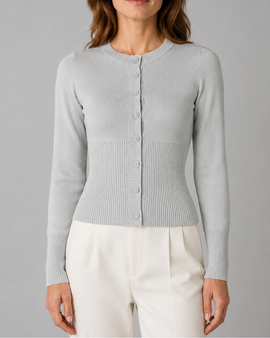 Women's Cropped Ribbed Cardigan | Fitted Crew Neck Button Up Knit