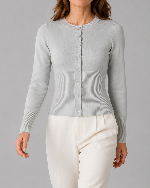 Women's Cropped Ribbed Cardigan | Fitted Crew Neck Button Up Knit