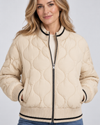 Women's Quilted Bomber Jacket with Ribbed Collar and Zip Front