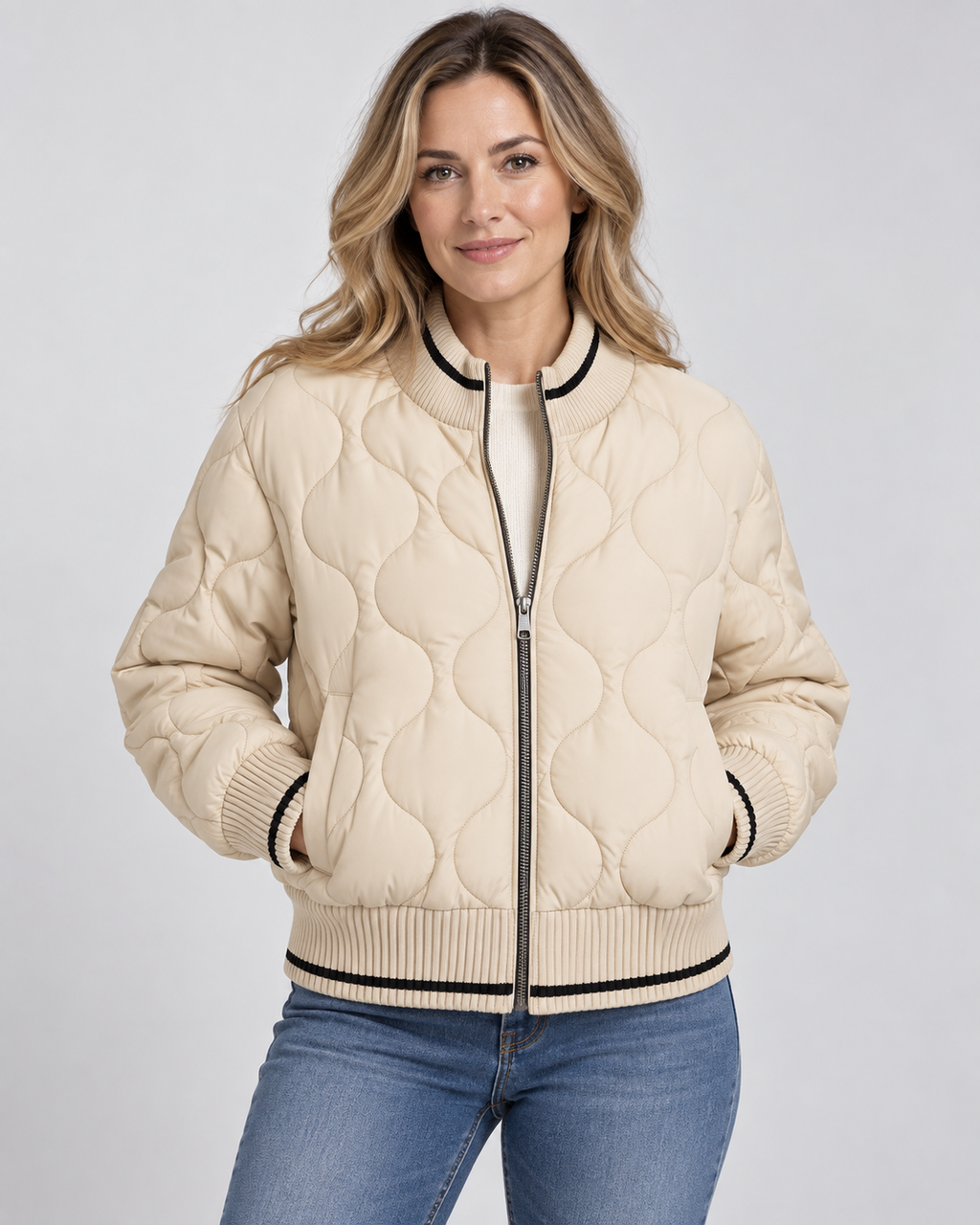 Women's Quilted Bomber Jacket with Ribbed Collar and Zip Front