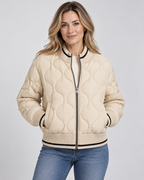 Women's Quilted Bomber Jacket with Ribbed Collar and Zip Front