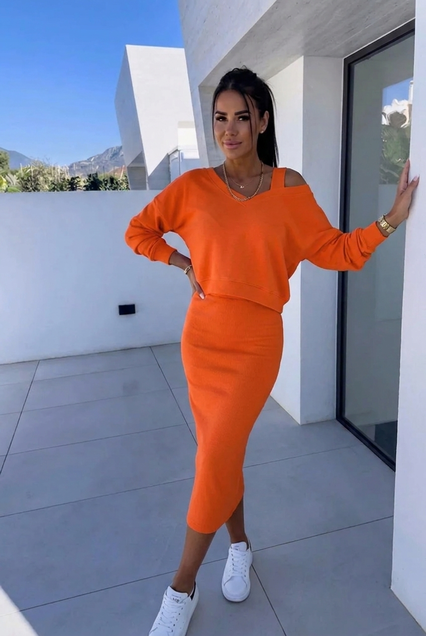 Women's Co Ord Set | Knit Jumper Top Midi Skirt Two Piece Lounge Set