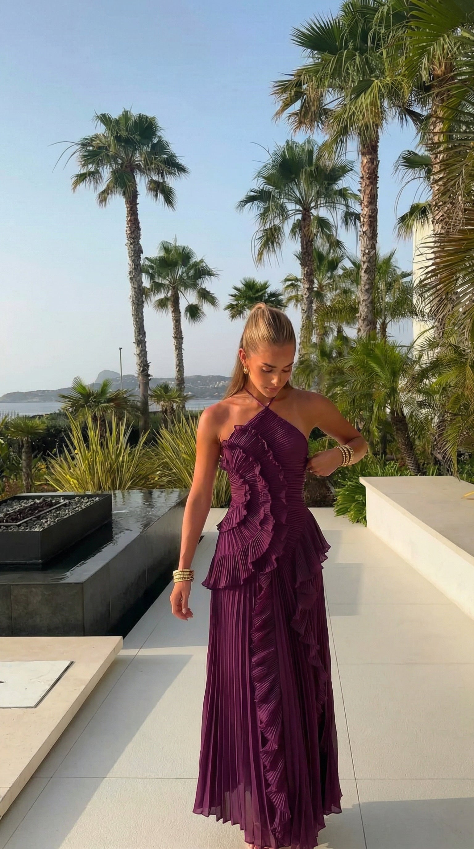 Women's Ruffle Maxi Dress | Halter Pleated Wedding Guest Dress