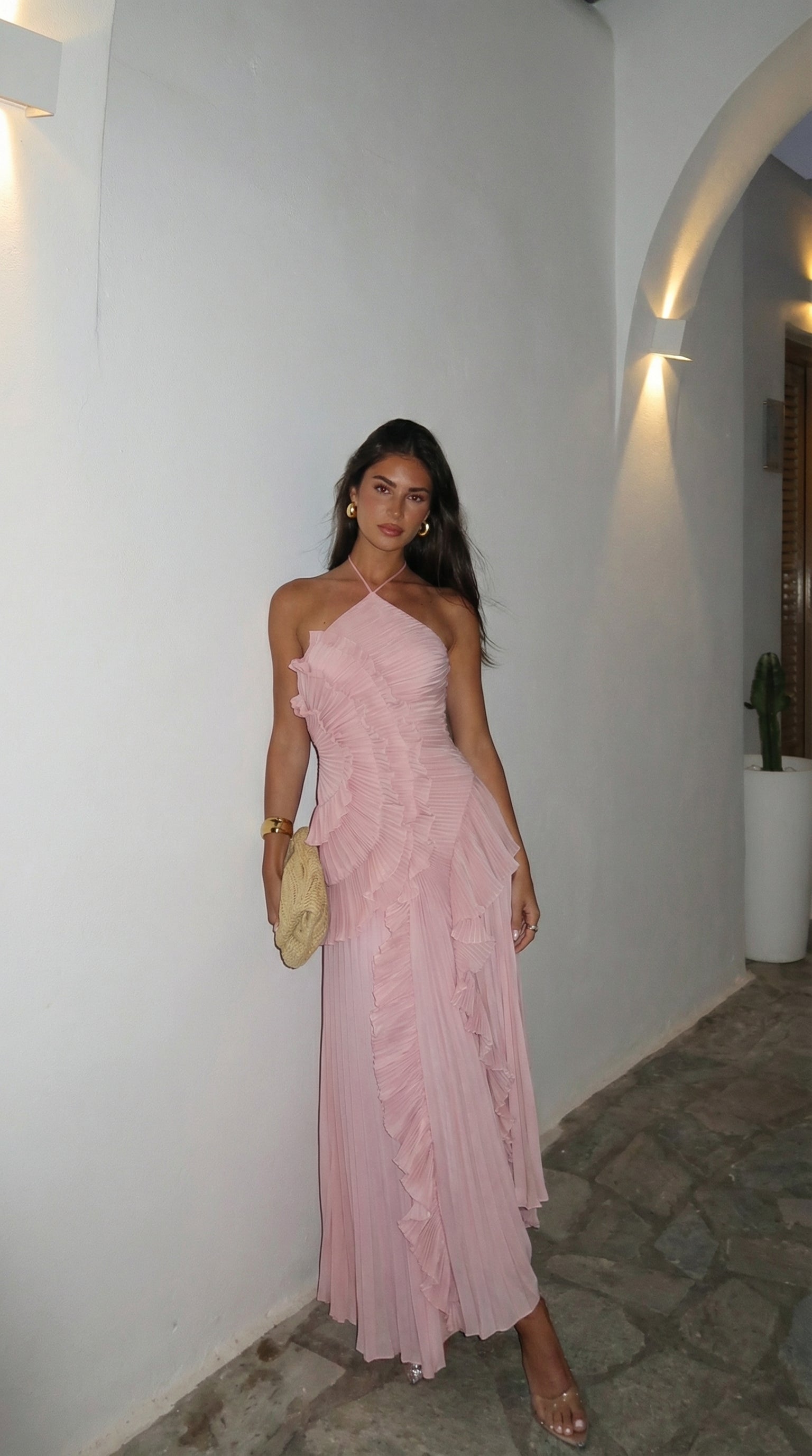Women's Ruffle Maxi Dress | Halter Pleated Wedding Guest Dress