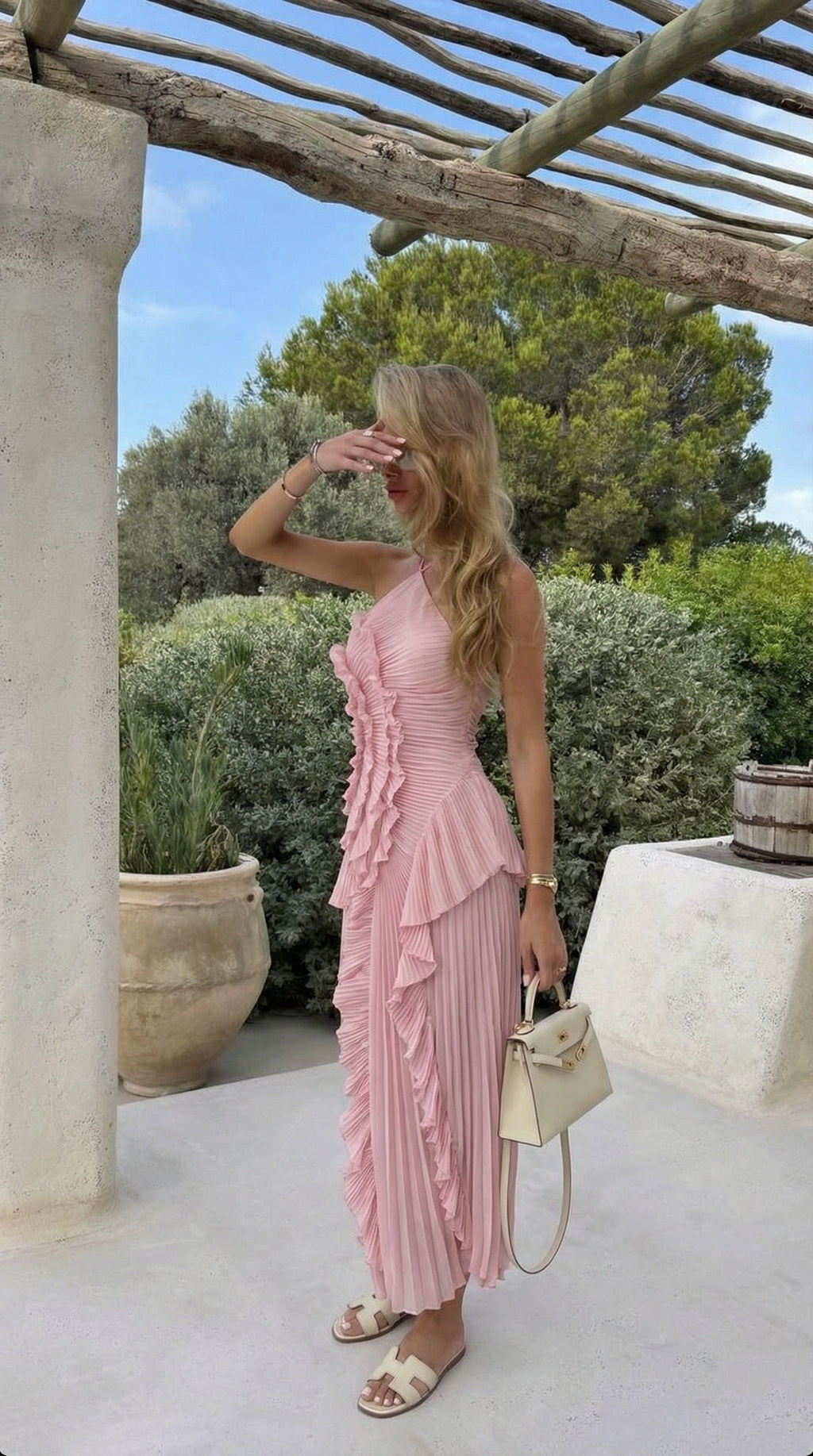 Women's Ruffle Maxi Dress | Halter Pleated Wedding Guest Dress
