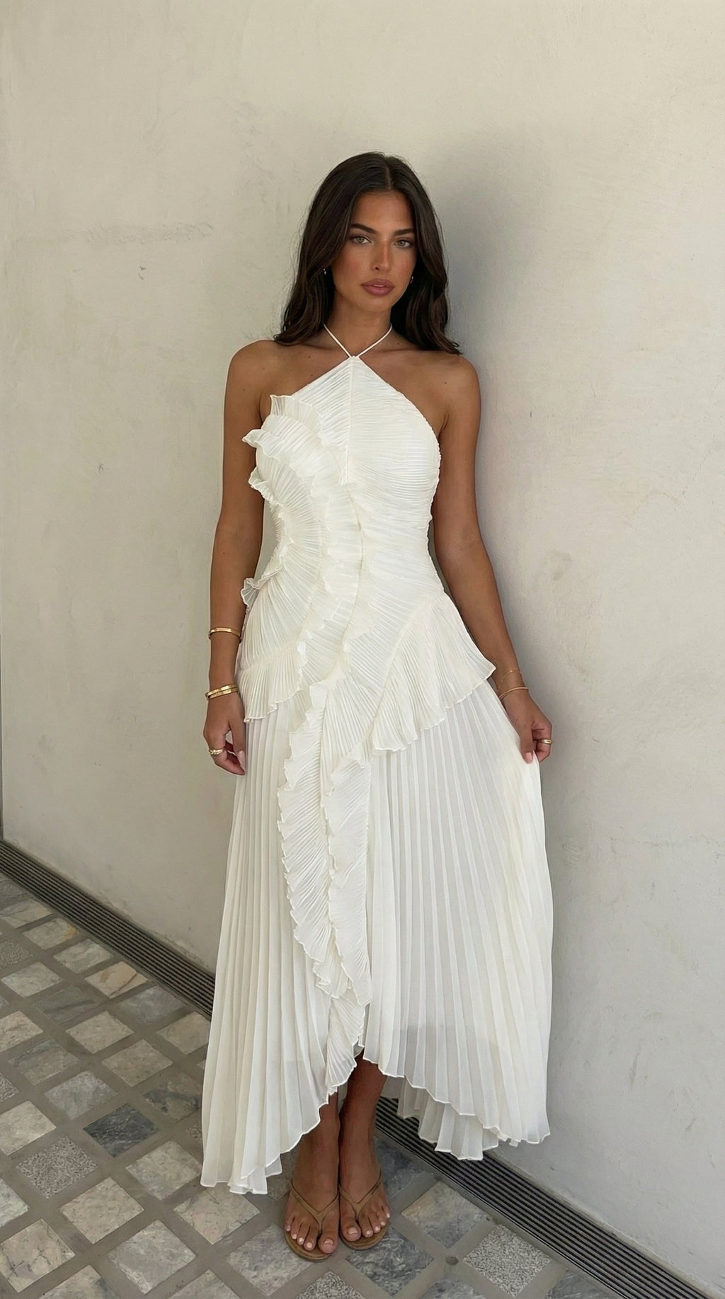 Women's Ruffle Maxi Dress | Halter Pleated Wedding Guest Dress