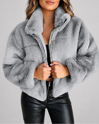 Women's Oversized Faux Fur Jacket with Stand Collar and Zip Front