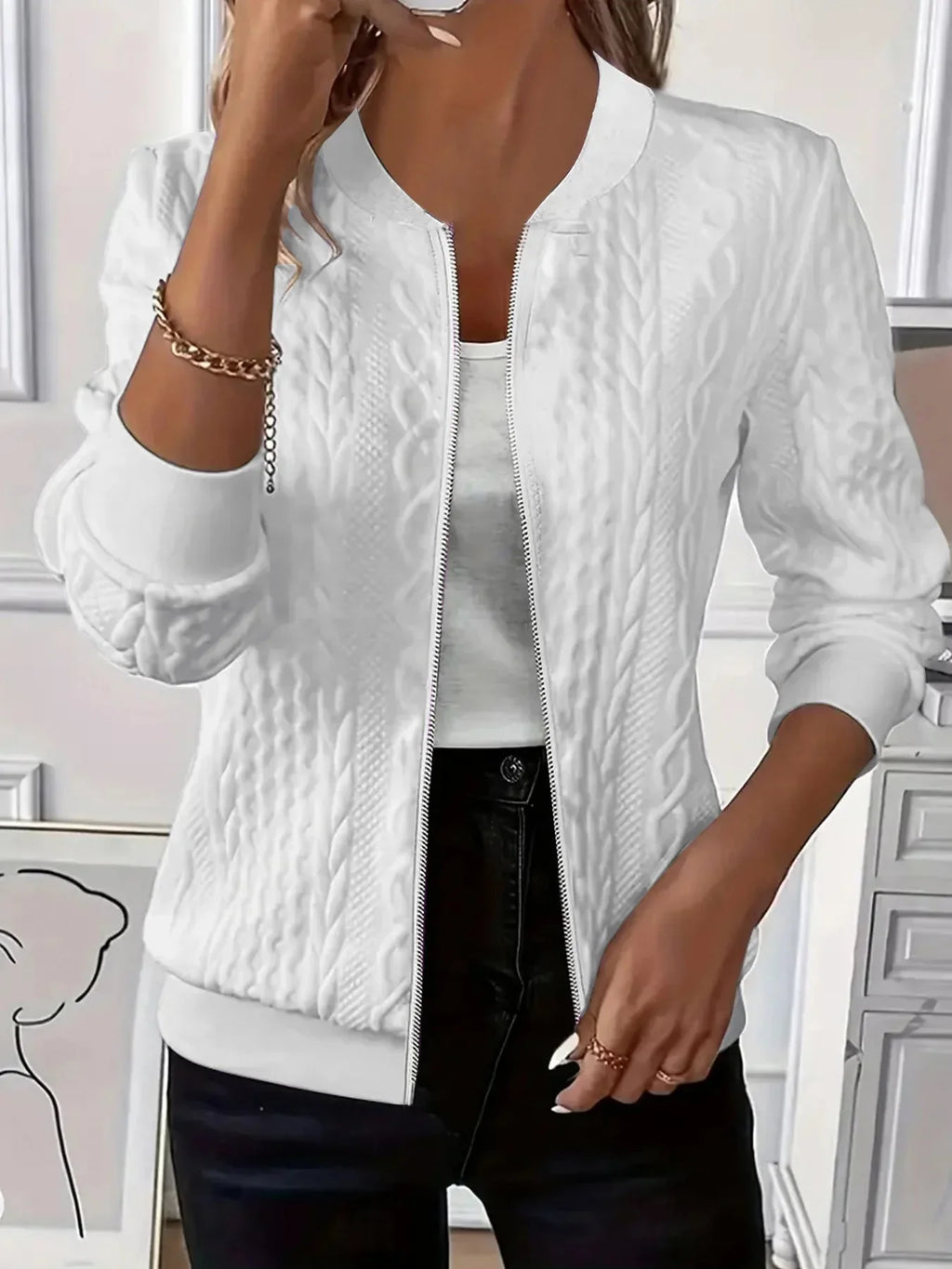 Women's Textured Bomber Jacket with Zip Closure
